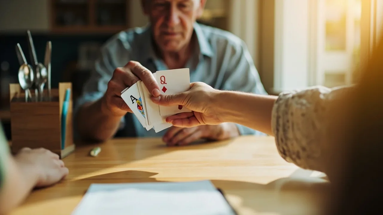 An instructor holds a single playing card mid-flip toward a learner at a sunlit wooden table.