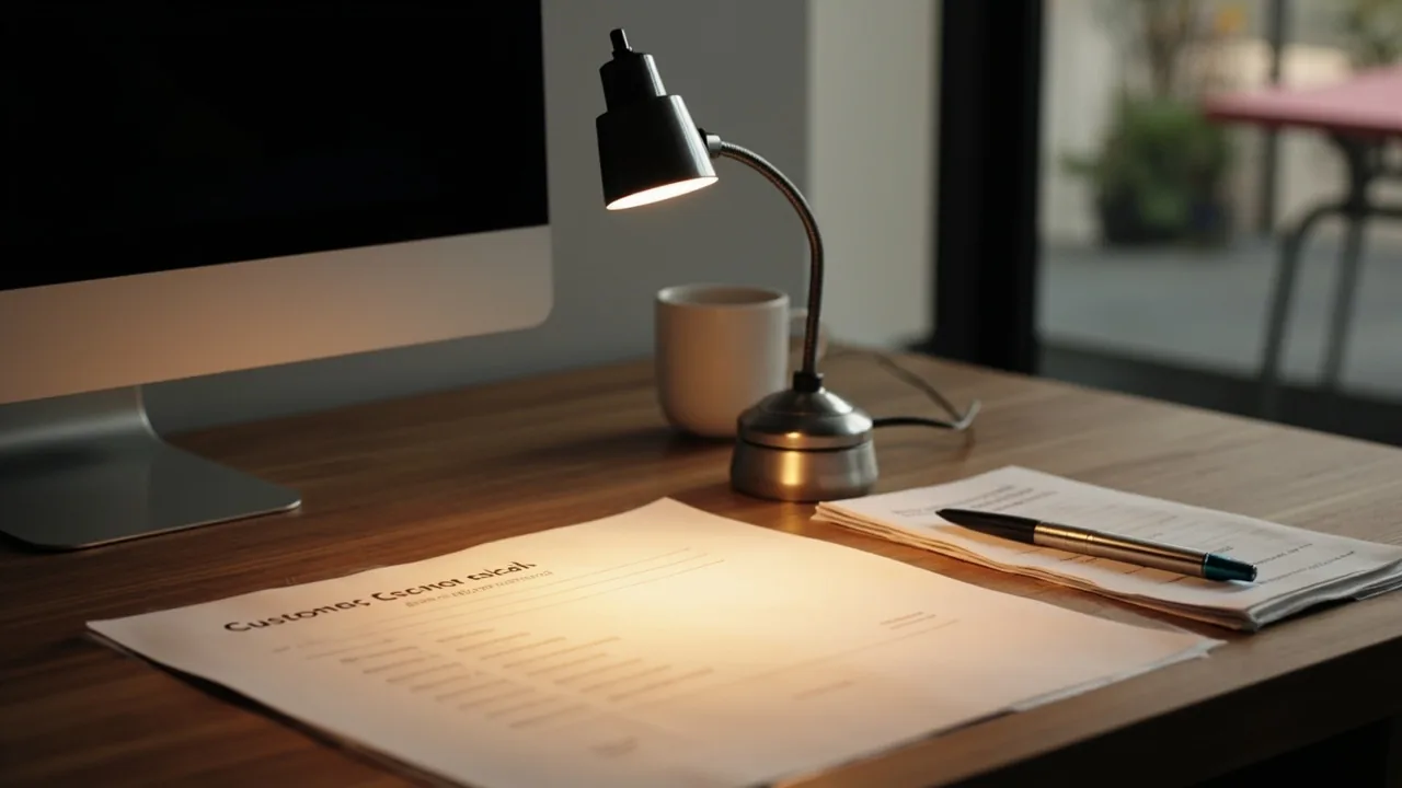 A paper customer-care ticket form under a small desk-lamp on a walnut desk, photographed for the support section.