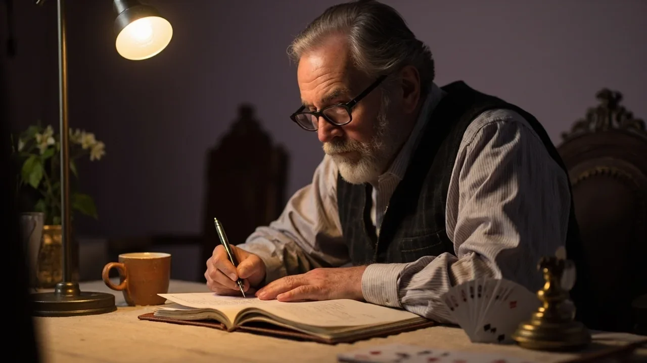 A senior card-game journalist writing in a leather notebook beside a fan of playing cards on a wooden studio desk.
