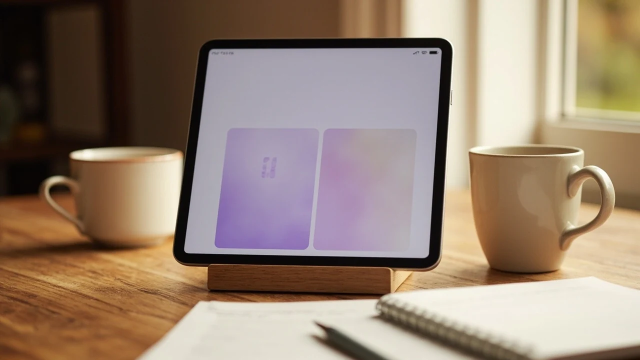 A thin silver tablet on a wooden stand showing a soft lilac interface, photographed for a platform-review tile.