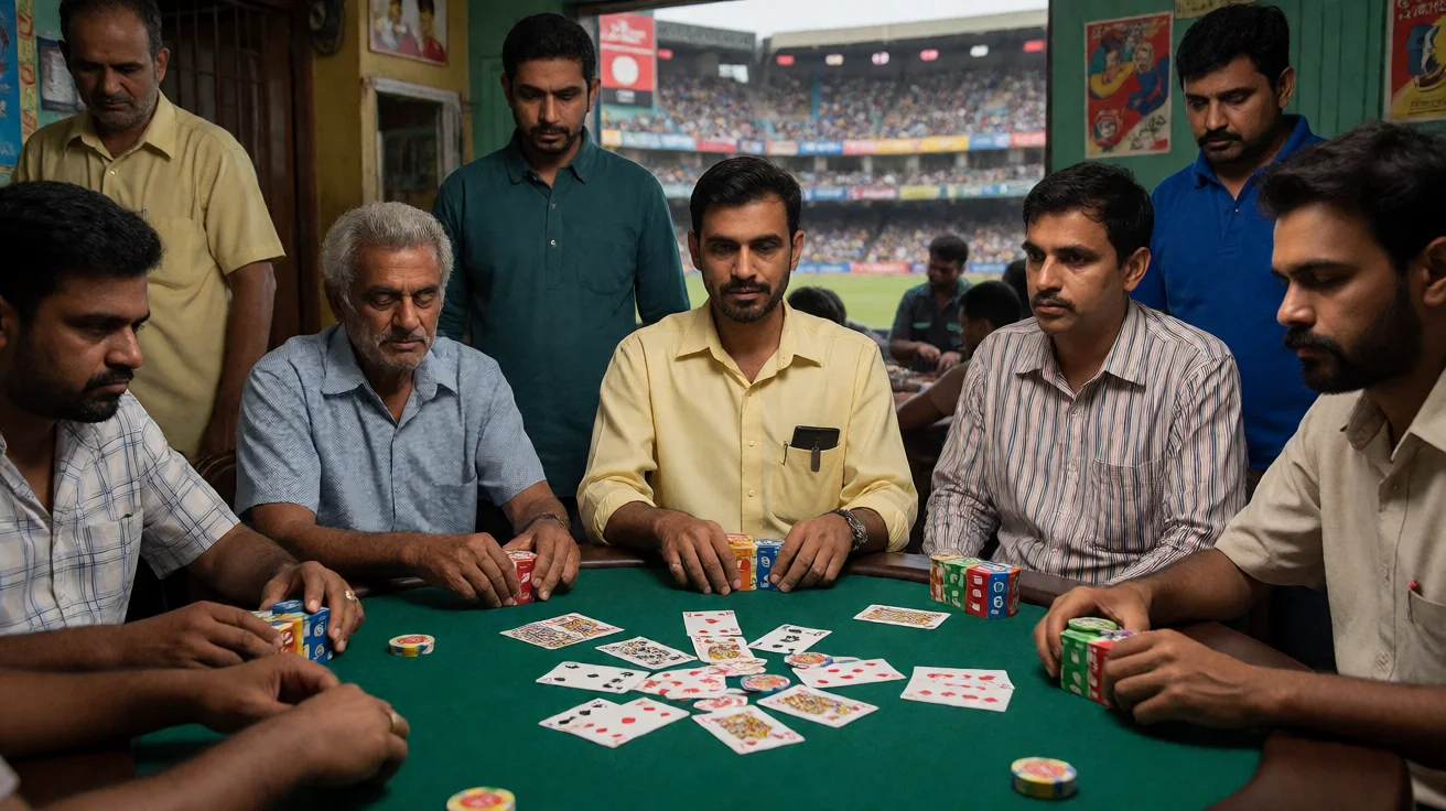 A wide editorial photograph of three online game formats shown side by side: a rummy hand, a poker chip stack and a fantasy team sheet on a desk.