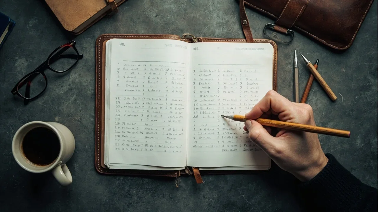 A leather-bound scoring notebook with a hand holding a pencil mid-write.