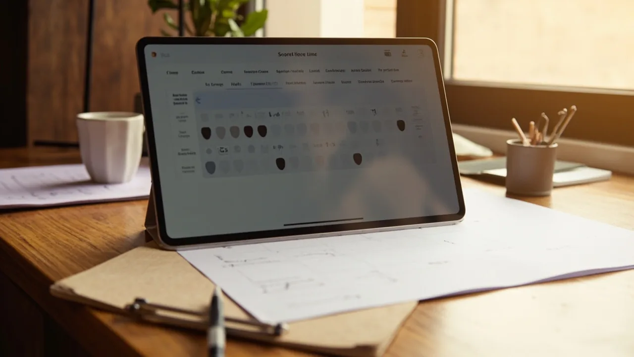 A thin silver tablet on a wooden desk showing a calm scoring-rule table beside a printed score sheet, photographed for a scoring-walk sidebar.