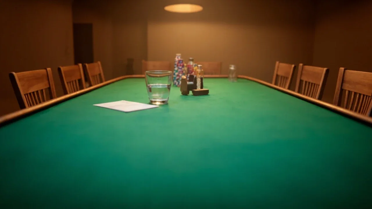 A long felt-topped tournament table viewed from the low end, with empty wooden chairs lined up on both sides; a glass of water, a scorecard and a small wooden chip rack sit in the foreground.