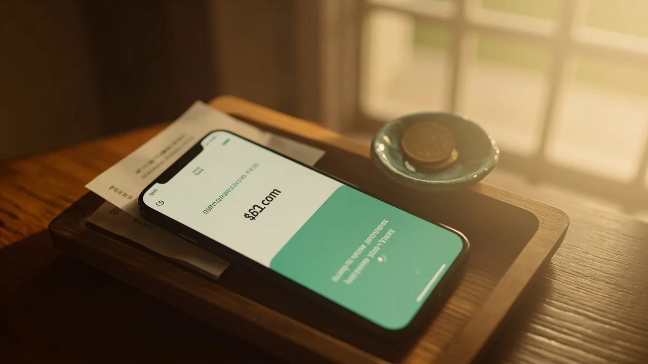 A phone on a wooden tray showing a calm UPI payment-success screen beside a small printed paper receipt, photographed for the payment flow.