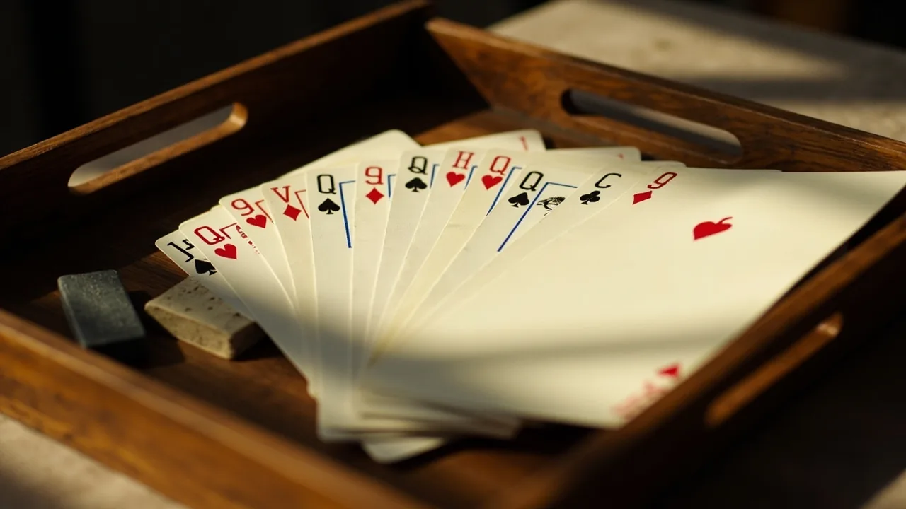 A 13-card rummy hand fanned under soft daylight on a wooden tray with a small chalk score card, photographed for a wider skill-game tile.